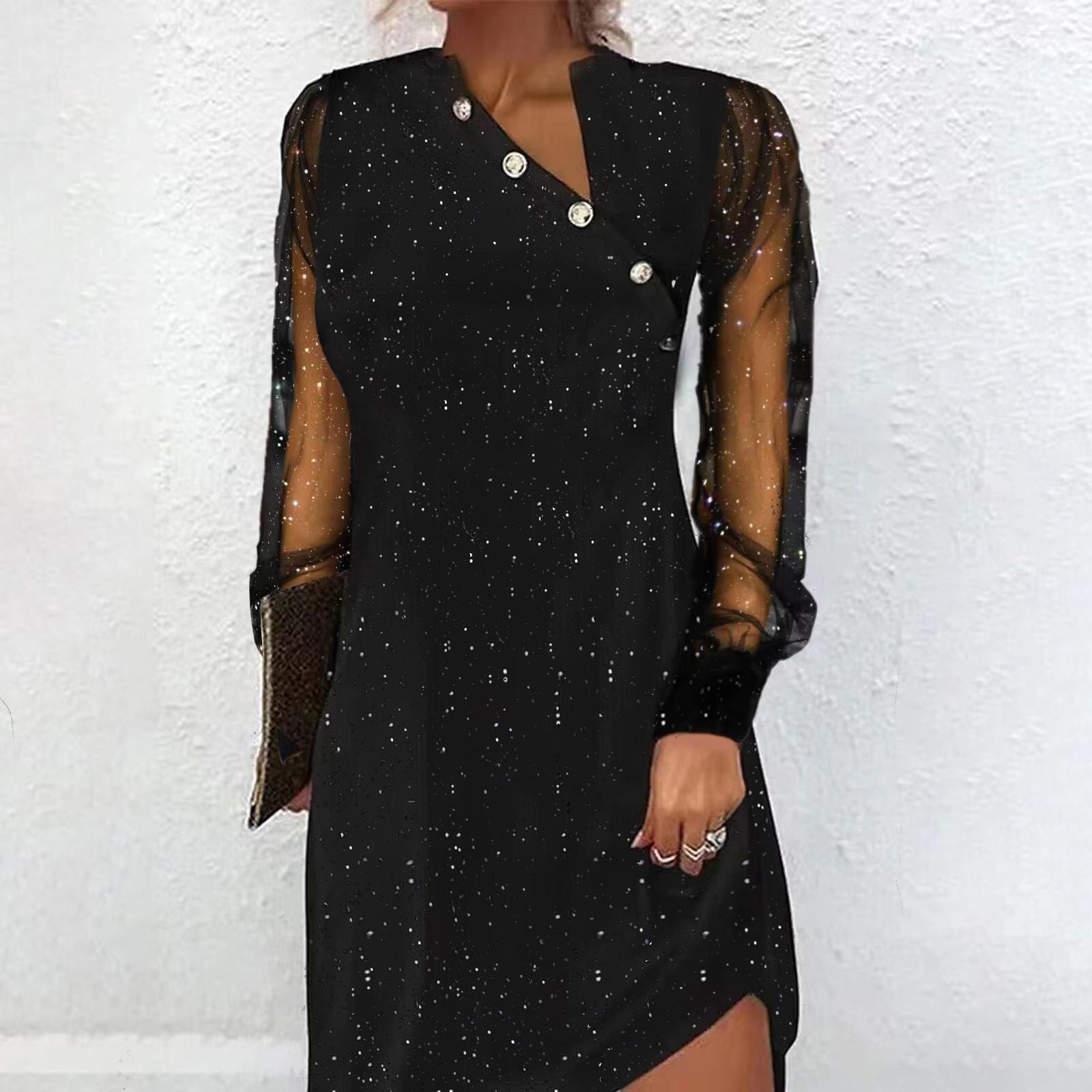 Womens Lace Mesh Sequin Patchwork Long-Sleeve Dress