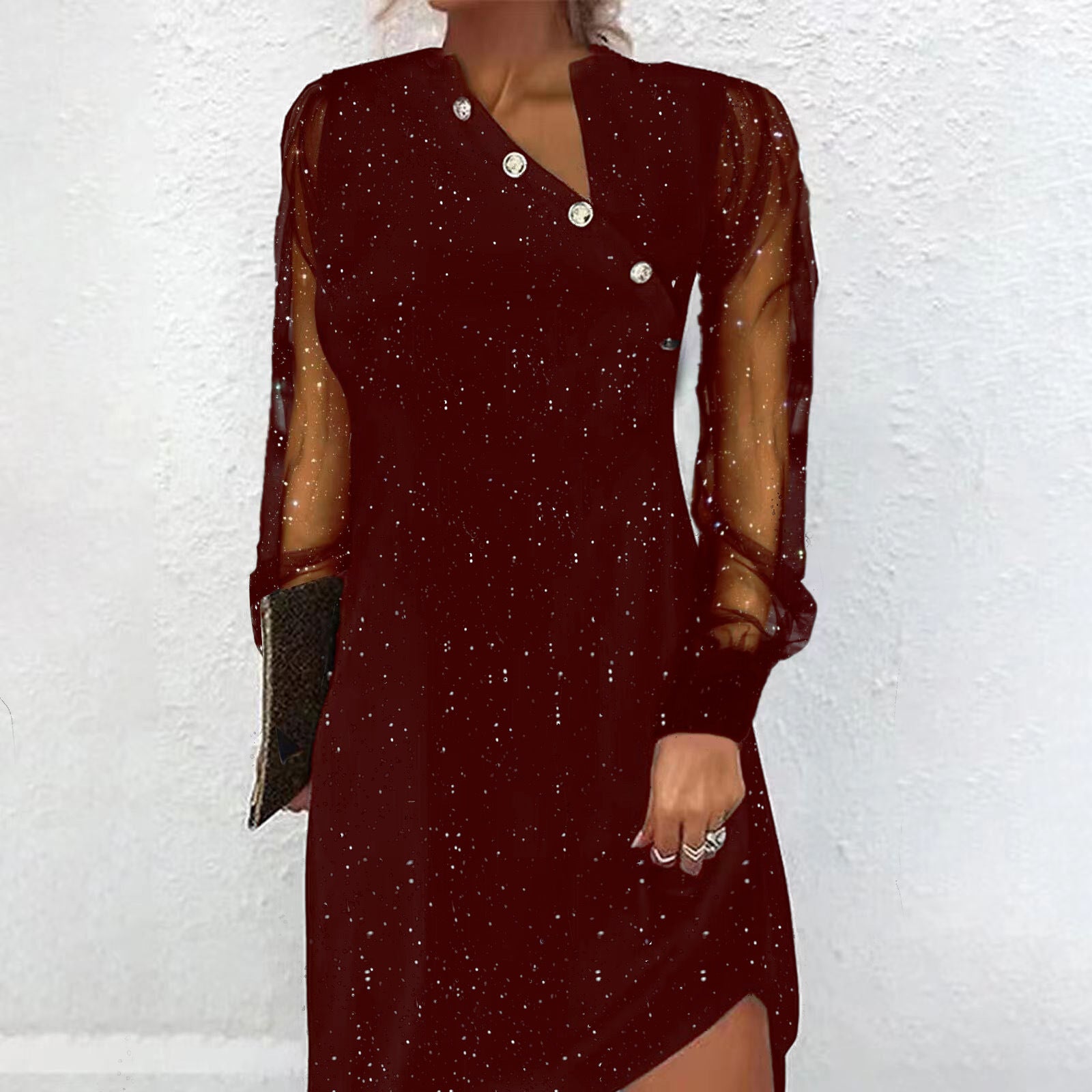 Womens Lace Mesh Sequin Patchwork Long-Sleeve Dress