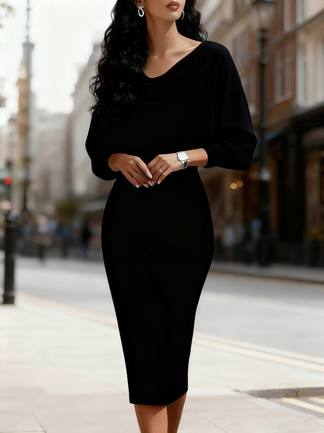 Womens Ribbed Crew-neck Batwing Long-sleeve Waist-cinching Dress