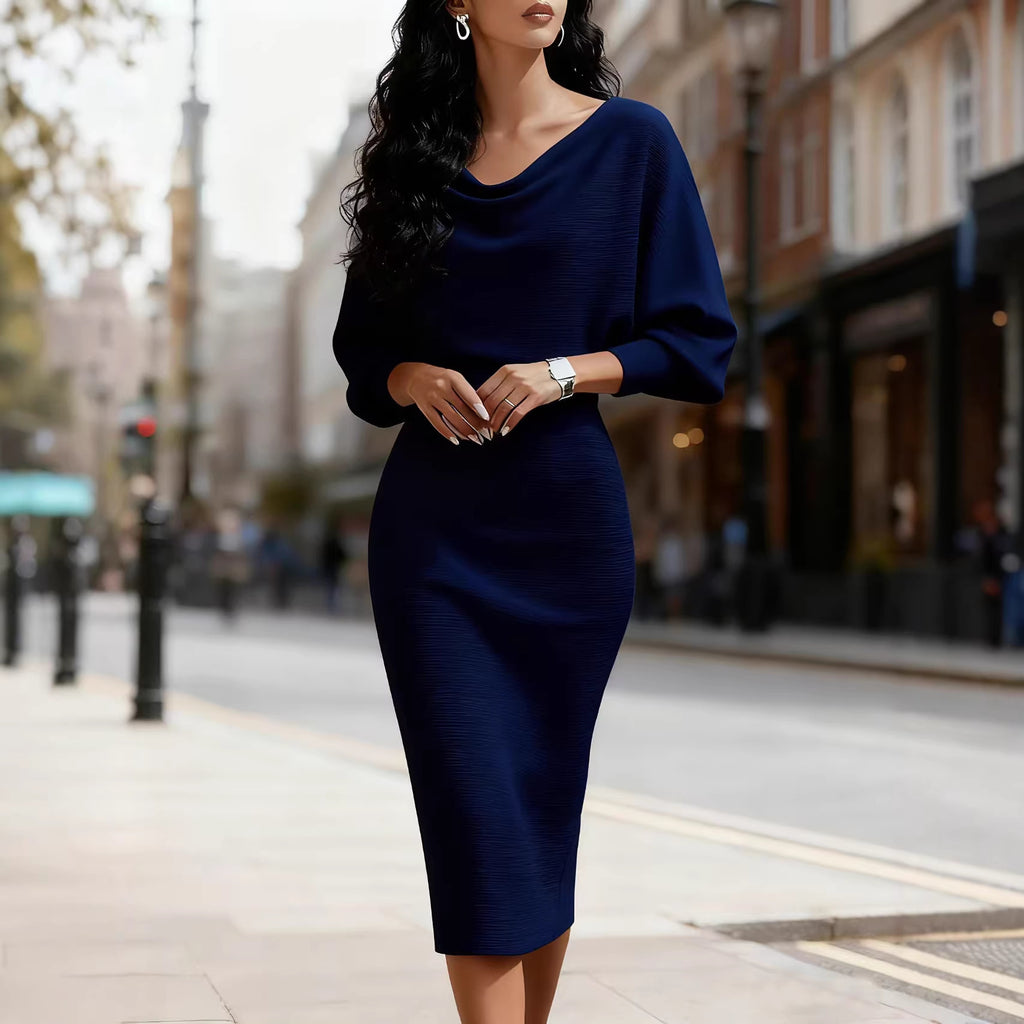 Womens Ribbed Crew-neck Batwing Long-sleeve Waist-cinching Dress