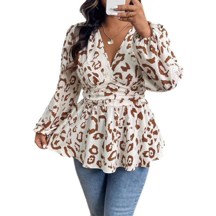 Leopard Print V-neck Long Sleeve Shirt