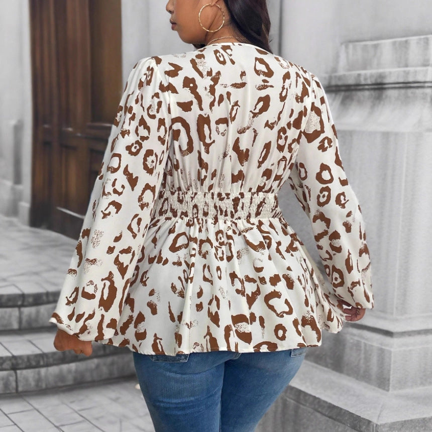 Leopard Print V-neck Long Sleeve Shirt