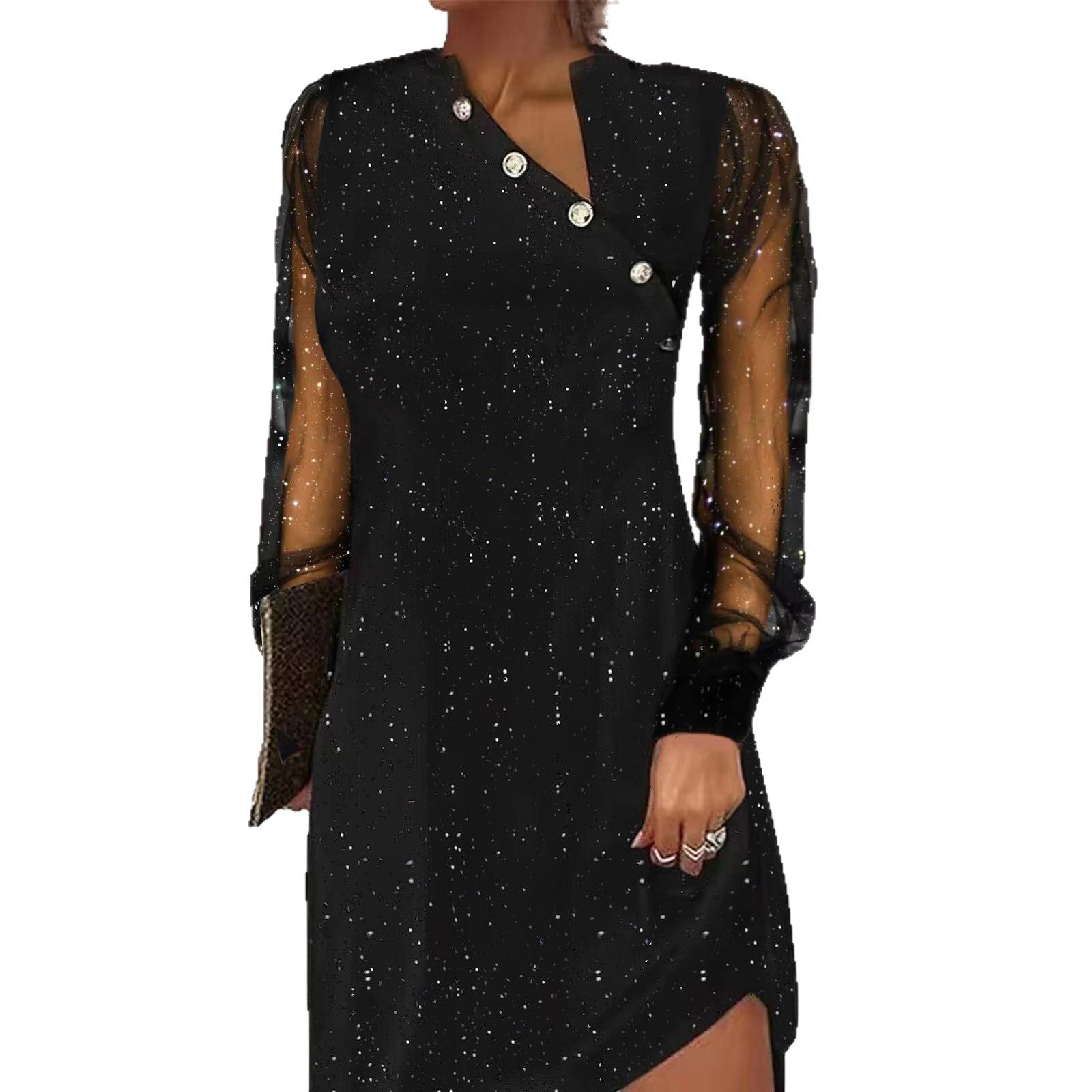 Womens Lace Mesh Sequin Patchwork Long-Sleeve Dress
