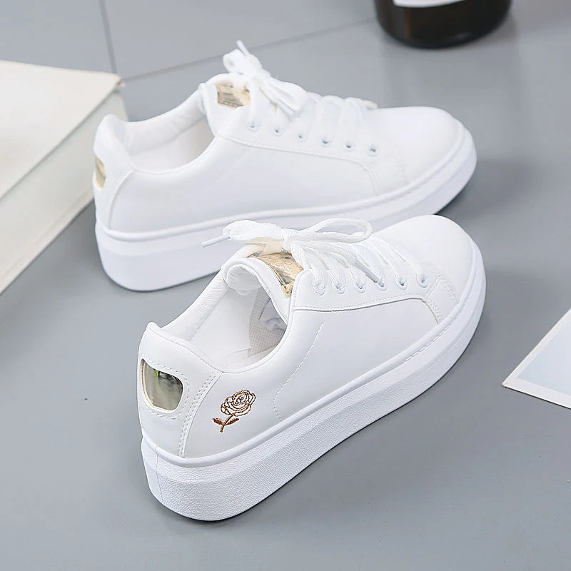 Women Casual Shoes New Spring  White Sneakers Breathable Flower Lace-Up Women Sneakers