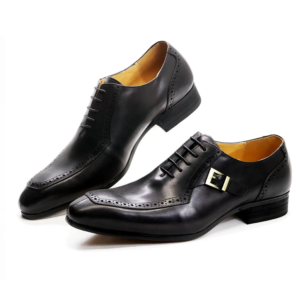 Men's Luxury Leather Dress Shoes Brown/Black Office Business Wedding Formal Lace-Up Pointed Toe Oxford with Buckle