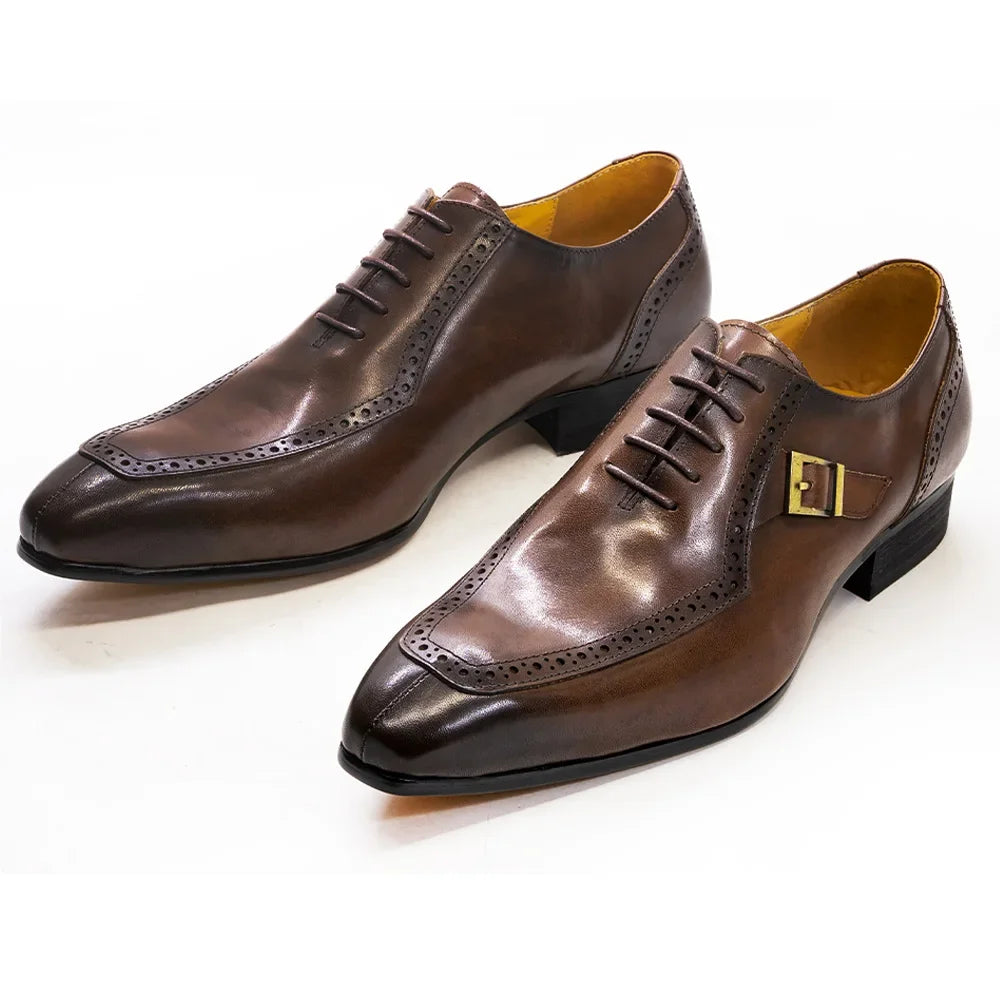 Men's Luxury Leather Dress Shoes Brown/Black Office Business Wedding Formal Lace-Up Pointed Toe Oxford with Buckle