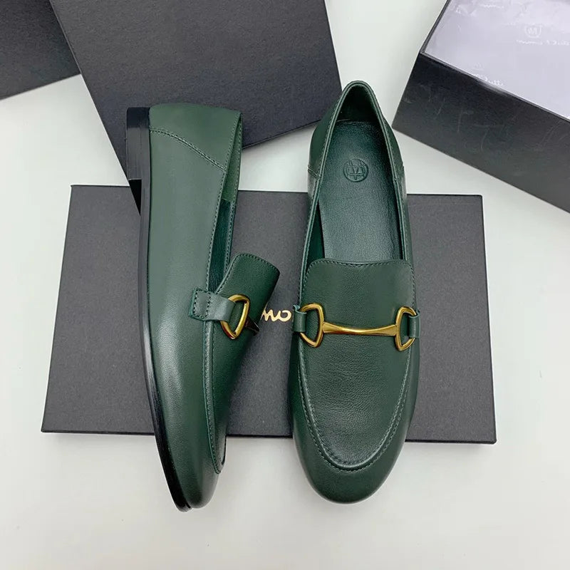 High-quality Genuine Leather Flats Shoes Woman Loafers Fashion Autumn Single Shoe Slip-on Beige Lazy Loafers Chaussure Femme