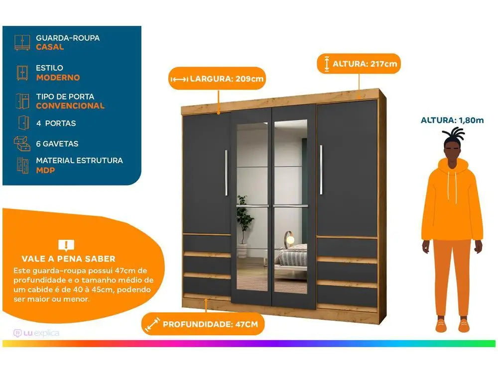 Wardrobe Couple with Mirror 4 Doors 6 Drawers Araplac Sofia