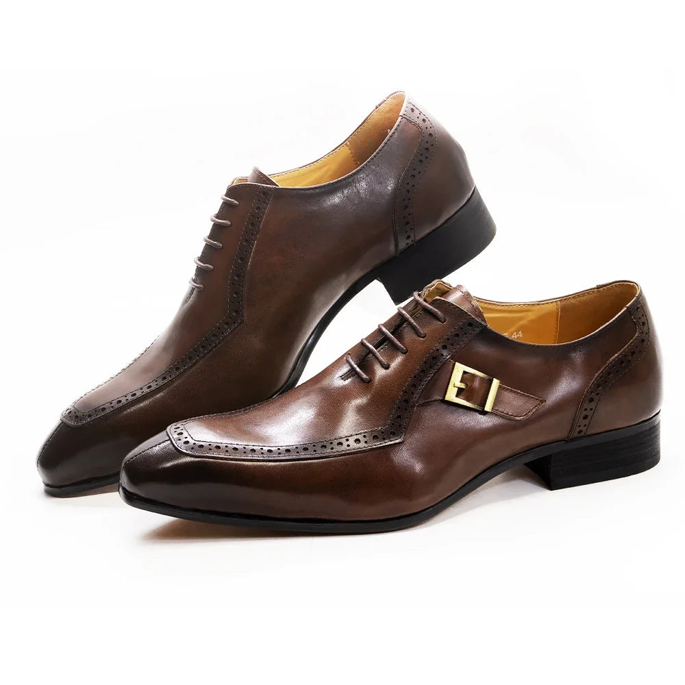 Men's Luxury Leather Dress Shoes Brown/Black Office Business Wedding Formal Lace-Up Pointed Toe Oxford with Buckle