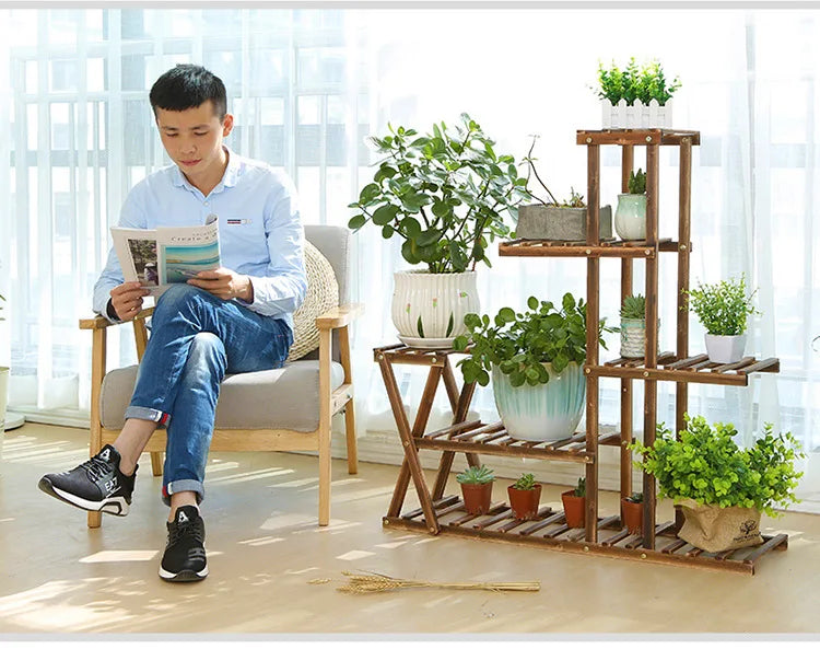 Balcony Flower Stand Solid Wood Living Room Succulent Plant Stand Multi-layer Bonsai Stand Indoor Ground Flower Pot Stand