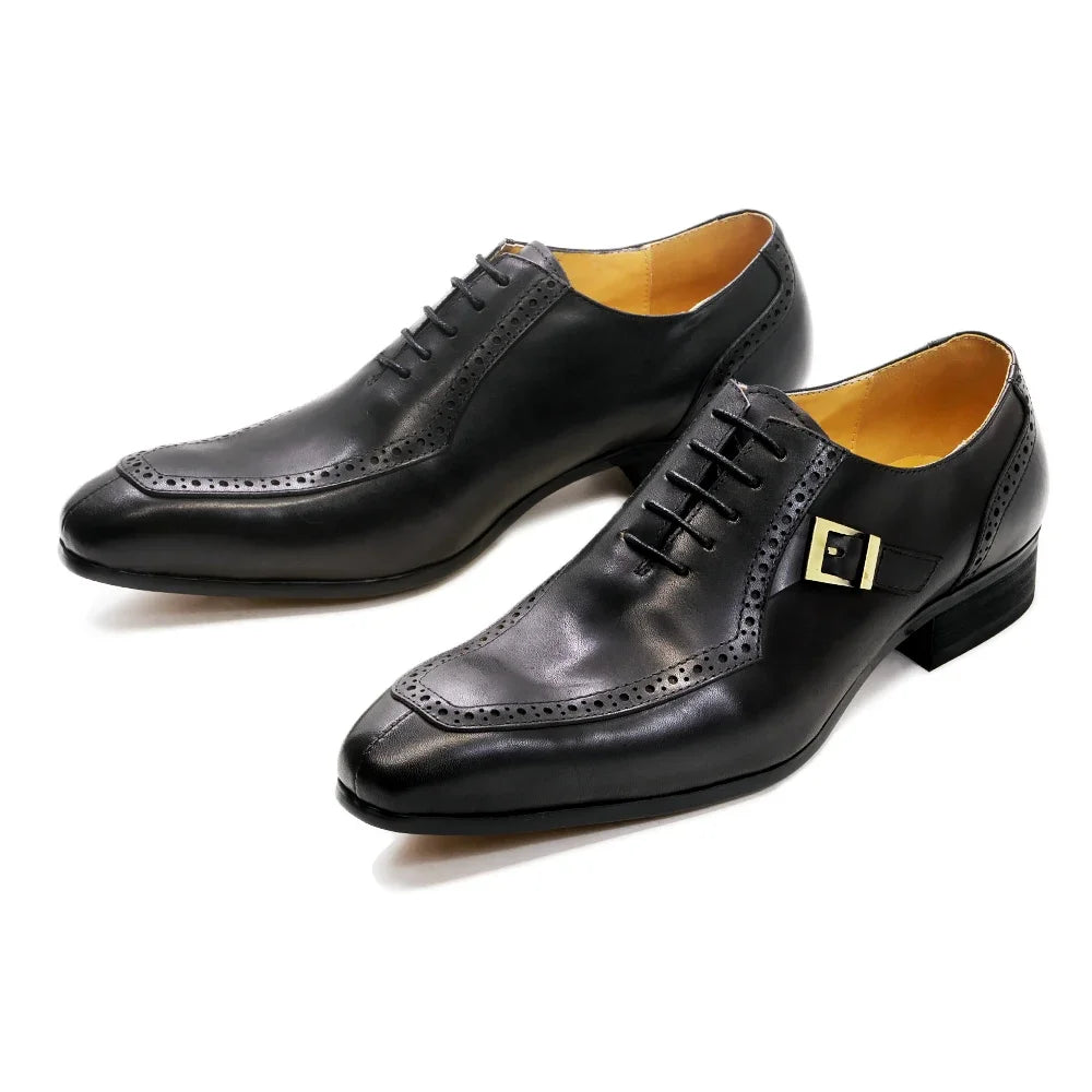 Men's Luxury Leather Dress Shoes Brown/Black Office Business Wedding Formal Lace-Up Pointed Toe Oxford with Buckle