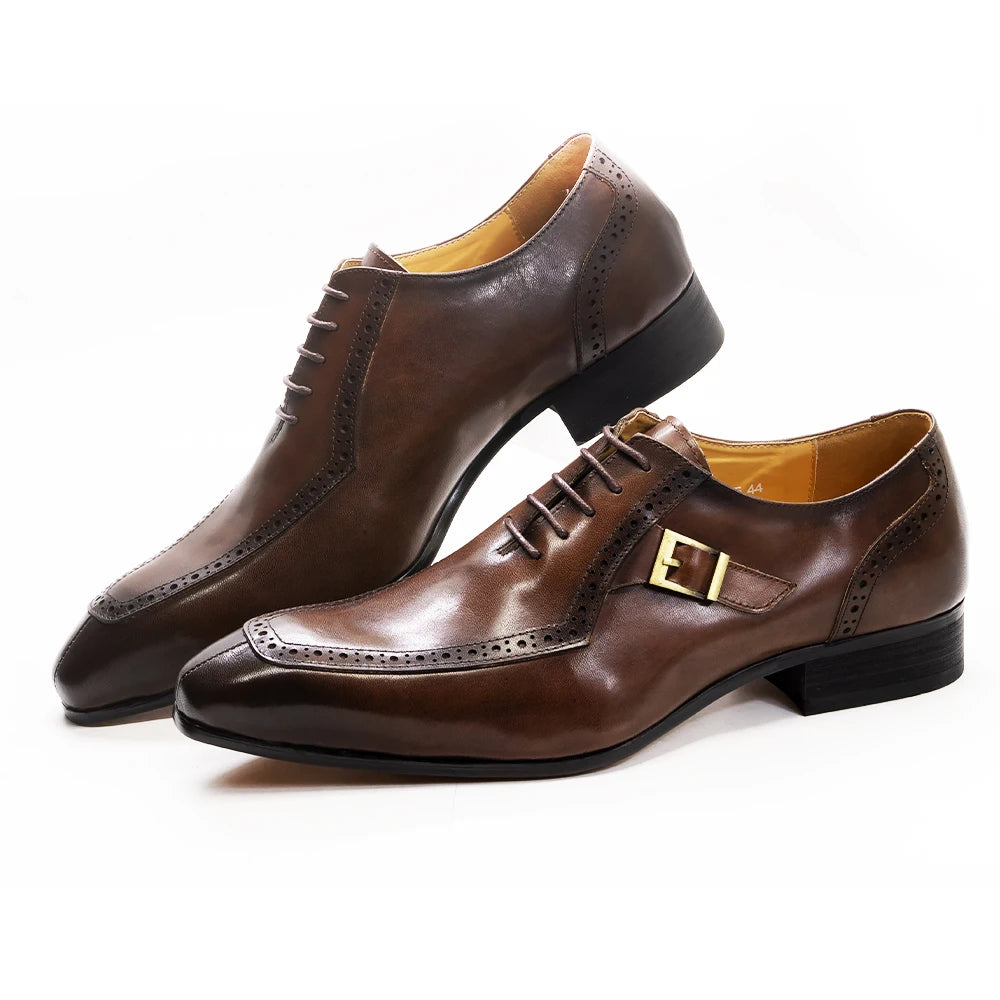 Men's Luxury Leather Dress Shoes Brown/Black Office Business Wedding Formal Lace-Up Pointed Toe Oxford with Buckle