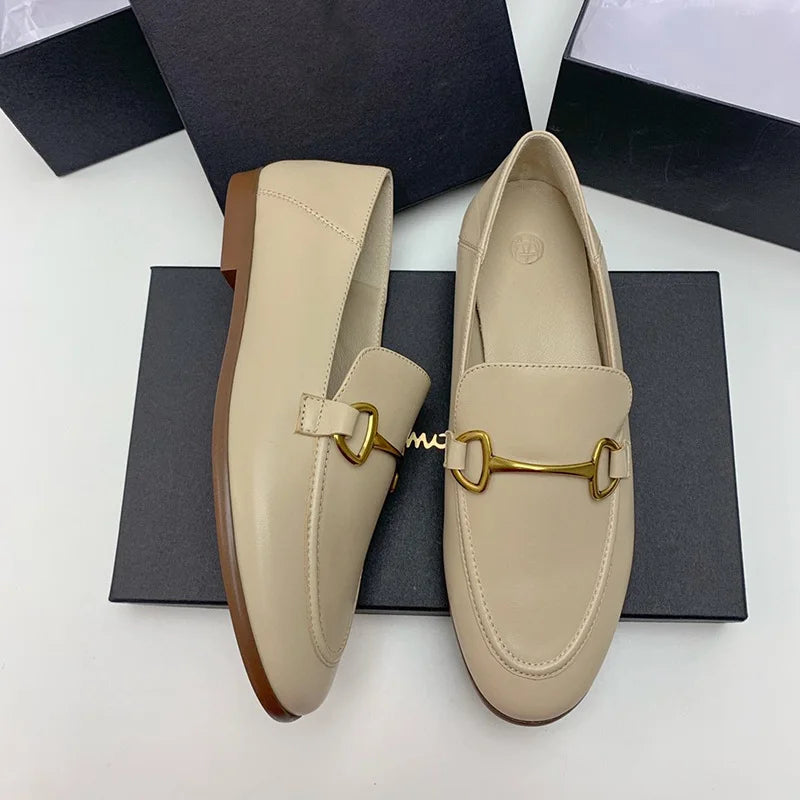High-quality Genuine Leather Flats Shoes Woman Loafers Fashion Autumn Single Shoe Slip-on Beige Lazy Loafers Chaussure Femme