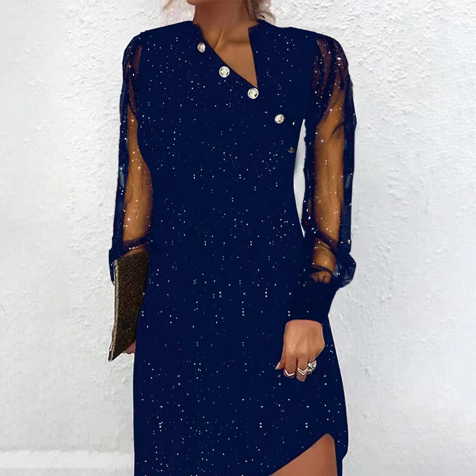 Womens Lace Mesh Sequin Patchwork Long-Sleeve Dress