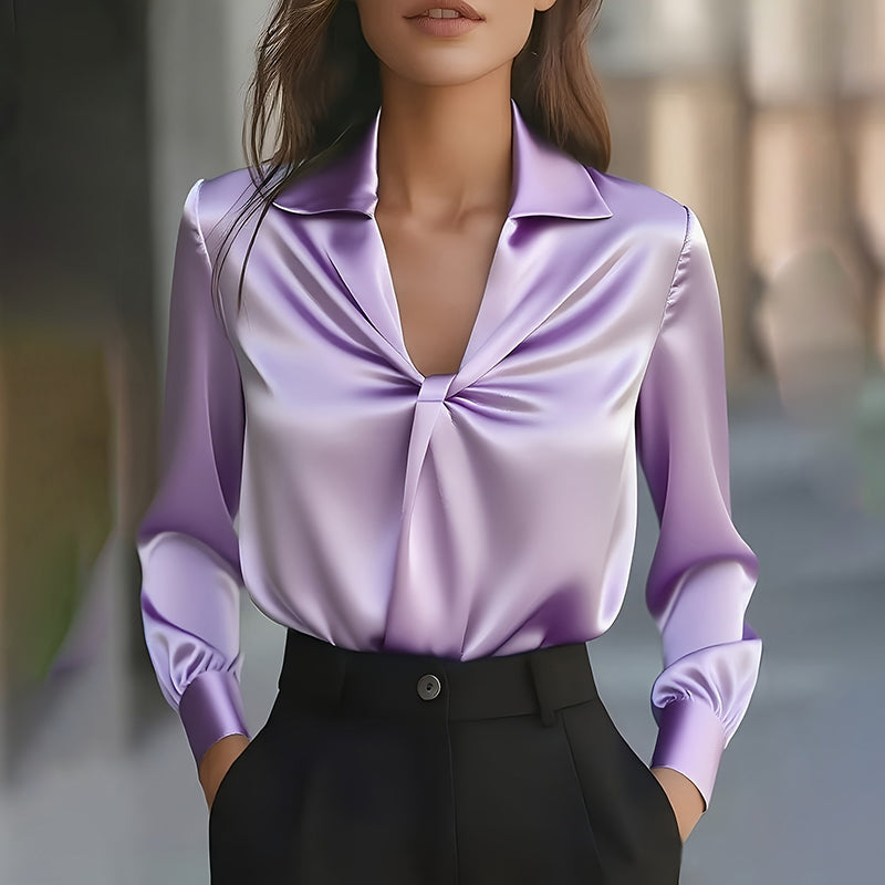 Women's Elegant Solid Color Satin Ruffle Blouse, V-Neck Long Sleeve Shirt For Daily Wear And Dates